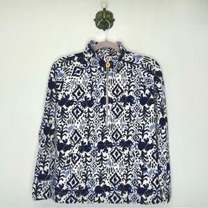 Lilly Pulitzer White Blue Ikat Elephant Print Half Zip Pullover Women Size Small